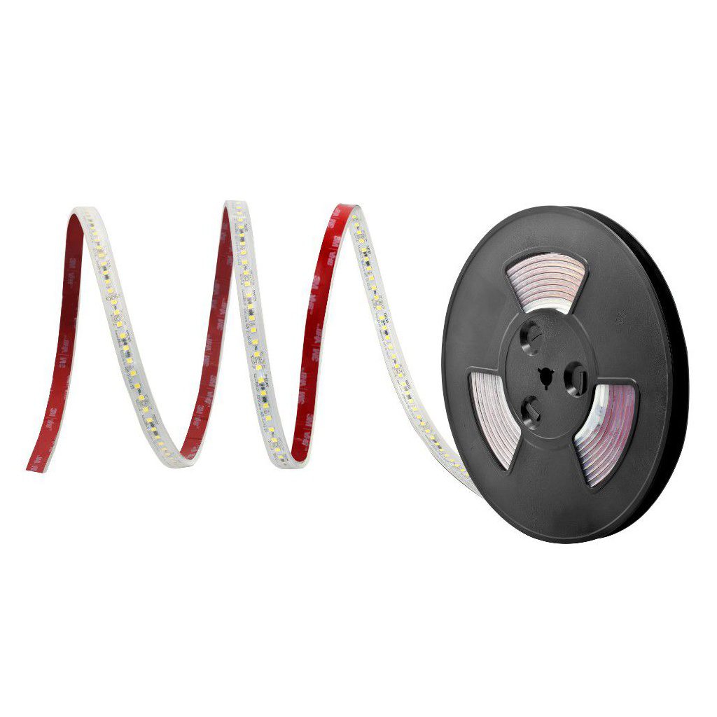 Philips Fortimo LEDFlex IP67, uitgerolde ledstrip met rode achterzijde naast een zwarte rol