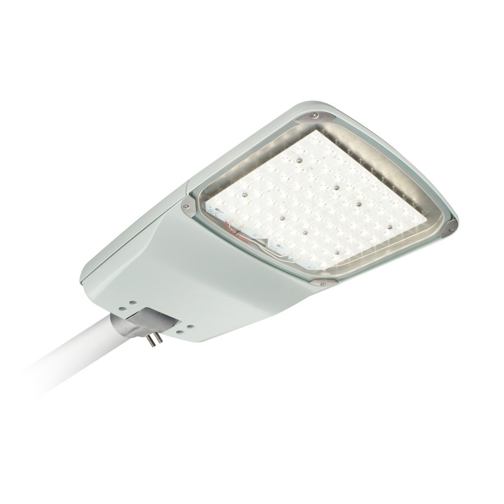 Signify LumiStreet gen2, lichtgrijs straatarmatuur met LED-optiek, schuin van onderen gezien