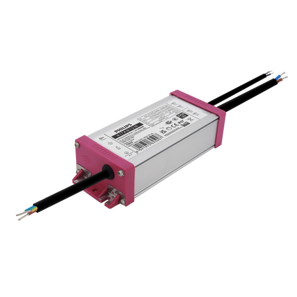 Xitanium LED Drivers – LP (Lite Programmable) IP67, metalen behuizing met roze eindkappen en aansluitkabels