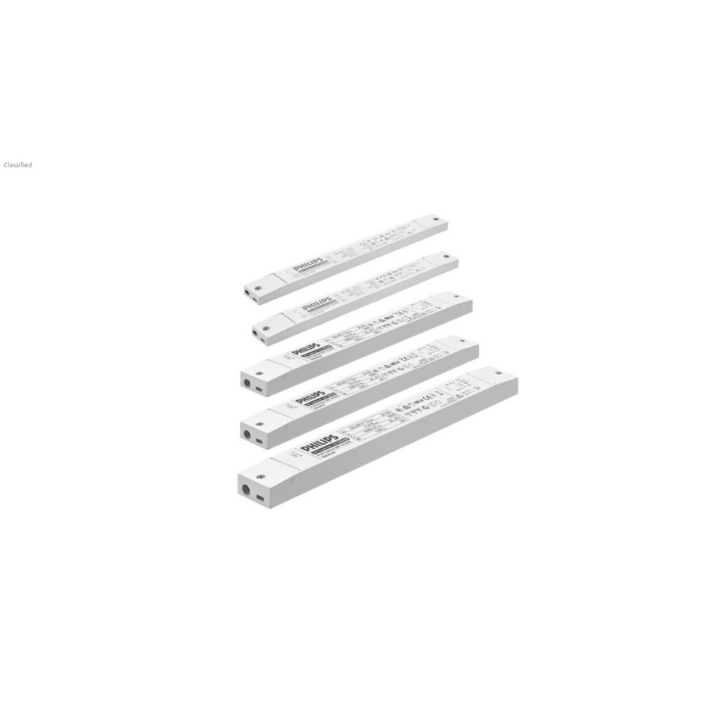 Xitanium LED Transformer 1–10V 24VDC G2, familiefoto van vijf witte LED-drivers in verschillende formaten