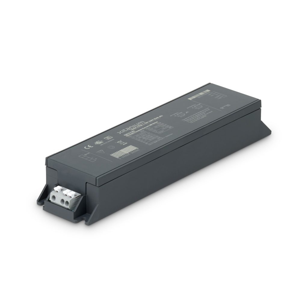 Xitanium LED Xtreme Driver 1–10V 150W, donkere behuizing met zichtbare aansluitklemmen en productetiket