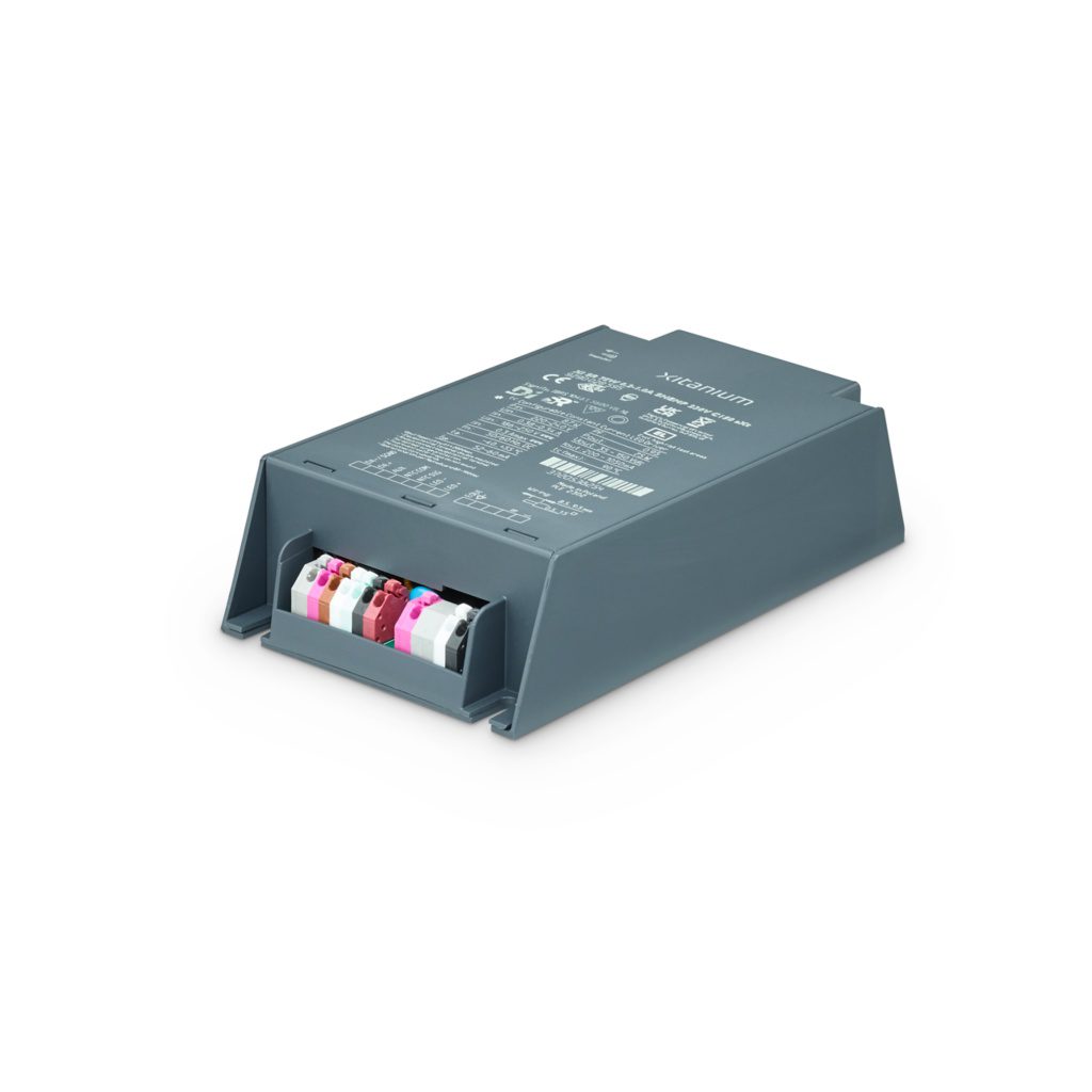Xitanium LED Xtreme Drivers – SR (Sensor Ready), donkere behuizing met zichtbare aansluitklemmen en productetiket