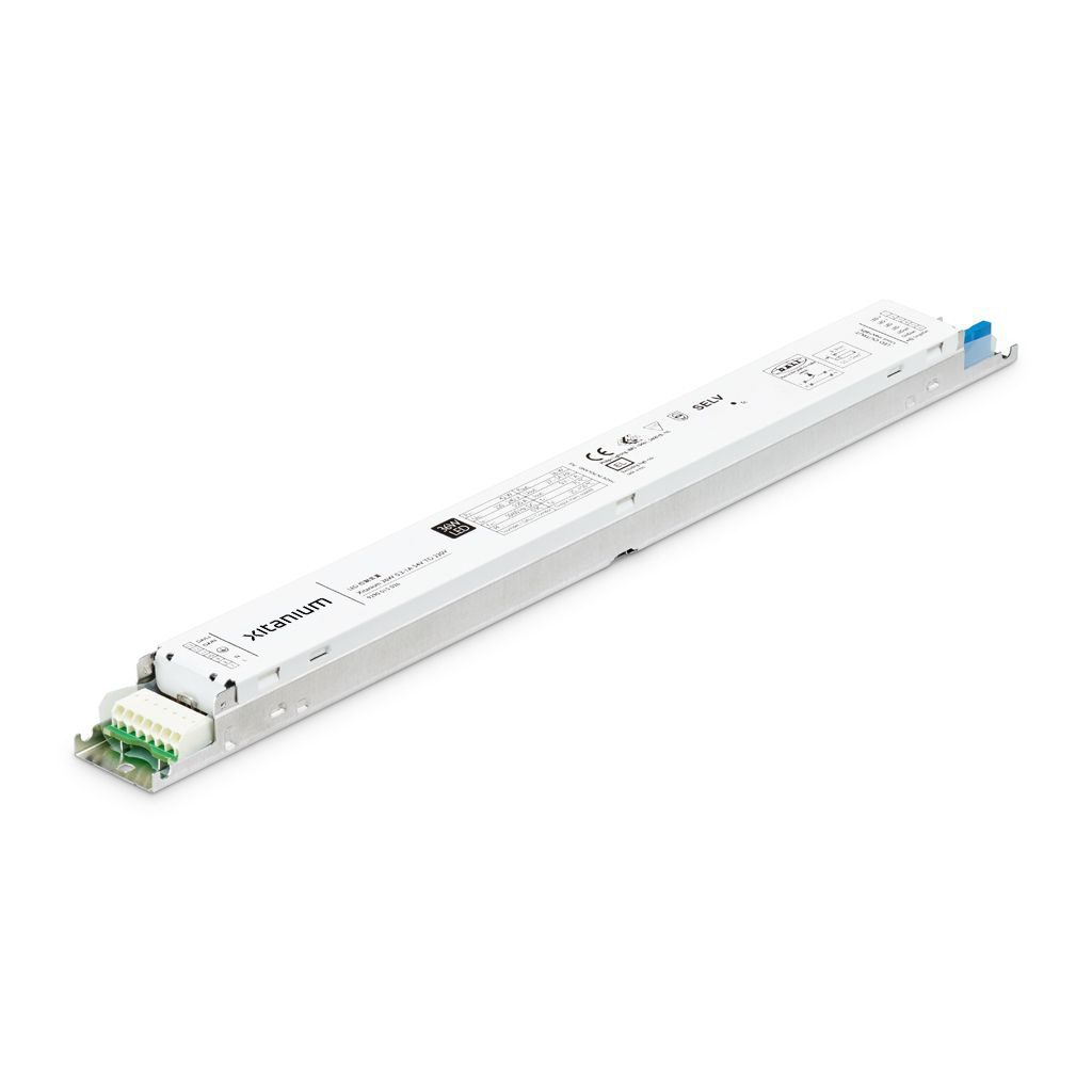 Xitanium Linear Isolated DALI LED Drivers G2, slanke metalen behuizing met aansluitklemmen en productetiket