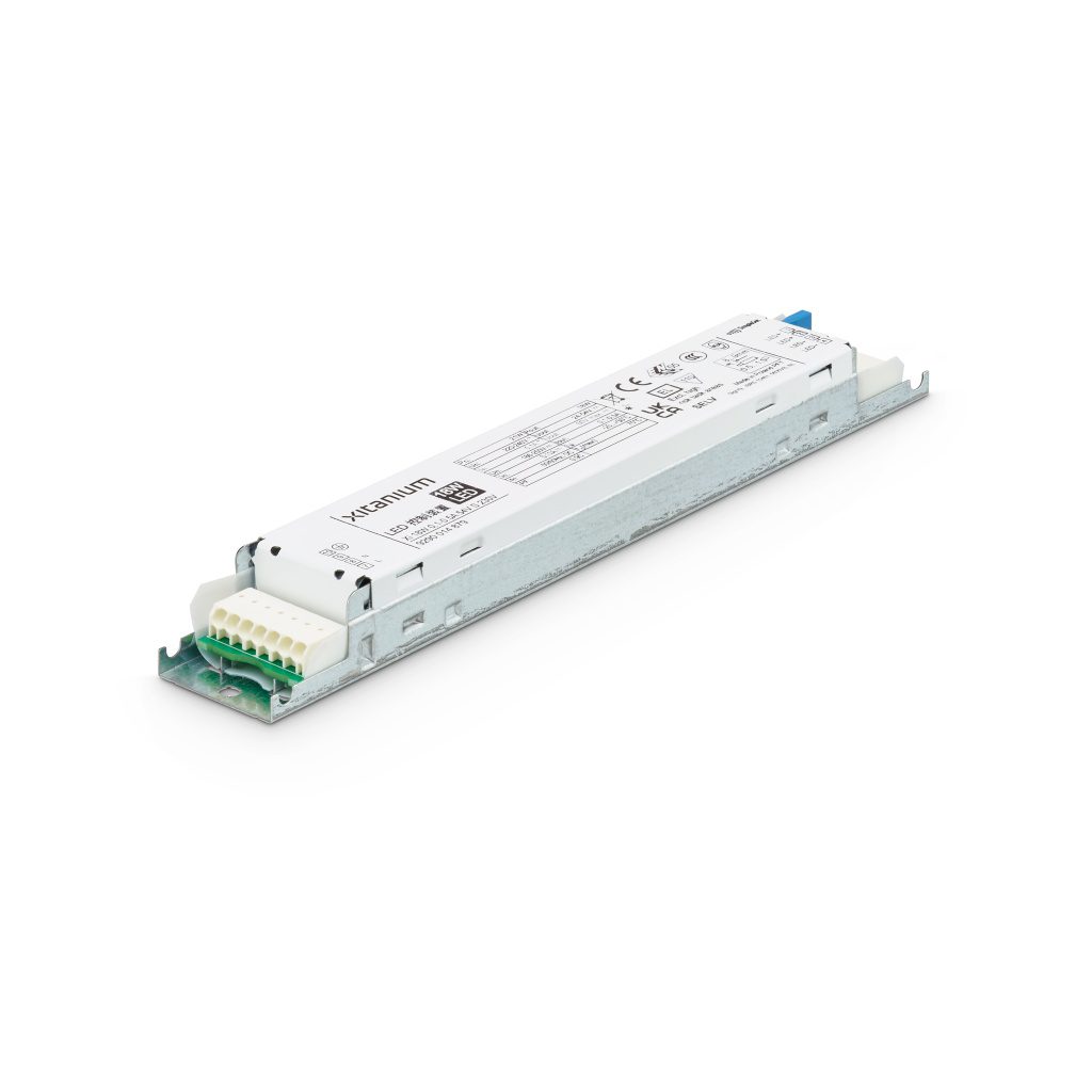 Xitanium Linear Isolated Fixed Output LED Drivers, slanke metalen behuizing met aansluitklemmen en productetiket