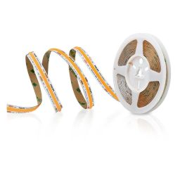 Philips Fortimo LEDFlex IP20 COB, flexibele ledstrip met doorlopende gele lichtlaag naast een witte rol