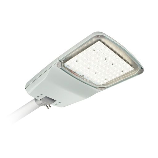 Signify LumiStreet gen2, lichtgrijs straatarmatuur met LED-optiek, schuin van onderen gezien